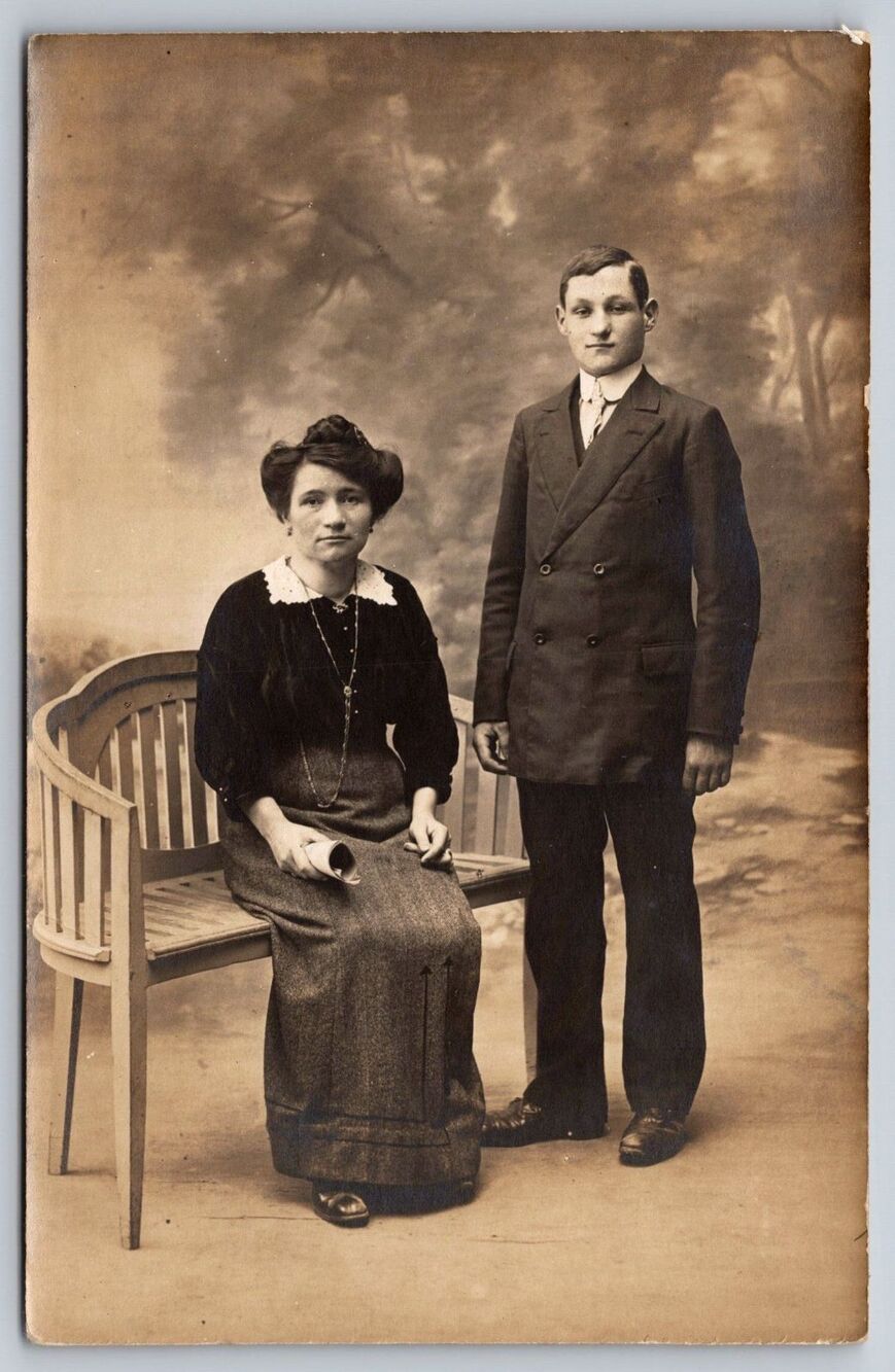 Antique French RPPC Postcard Young Couple Studio Portrait Edwardian 1910s